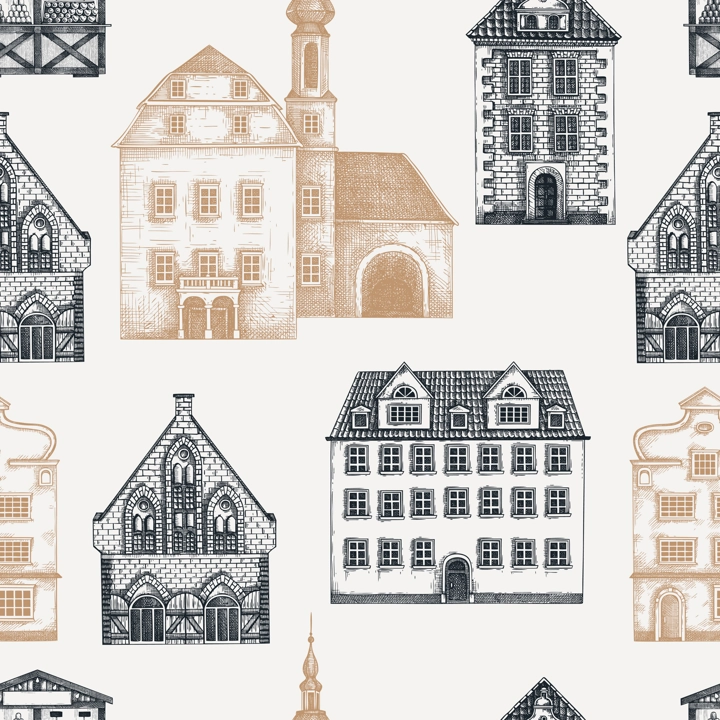 European city architecture bakground. Vintage houses seamless pattern. Old buildings hand-drawn vector illustration. Architectural design. NOT AI generated